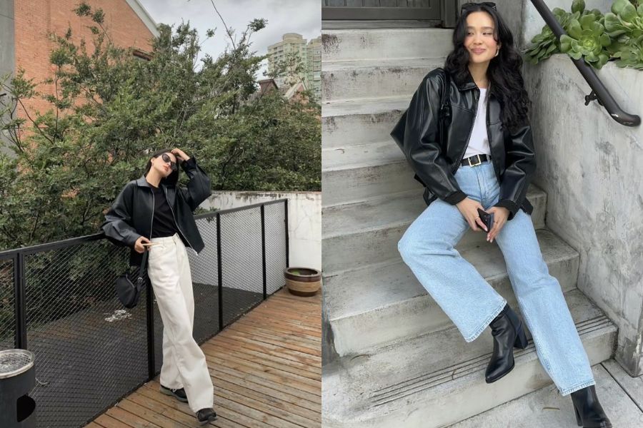 Quần jeans phối áo khoác da cá tính