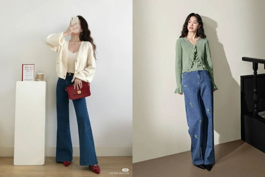 Áo len và quần jeans sáng màu
