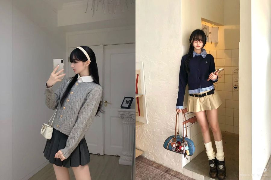 Áo len cổ sơ mi phối với chân váy tennis