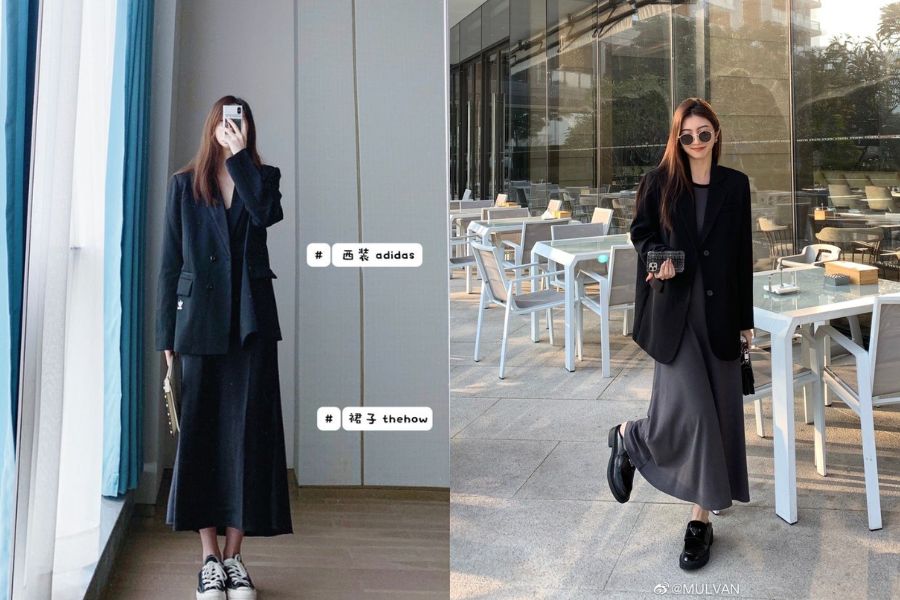 Quần Jeans, áo len cao cổ + áo khoác blazer