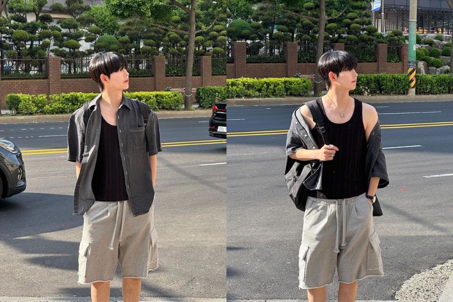 Áo tanktop nam mix short denim