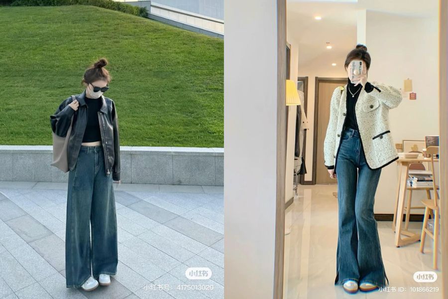 Áo khoác phối với quần Jean ống rộng mùa Đông