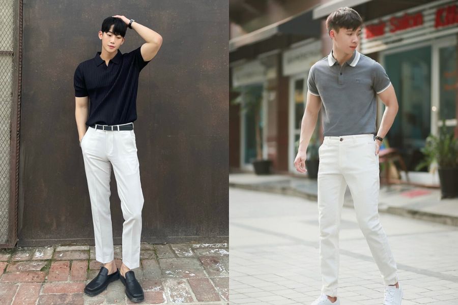 phối áo polo với quần kaki dáng dài