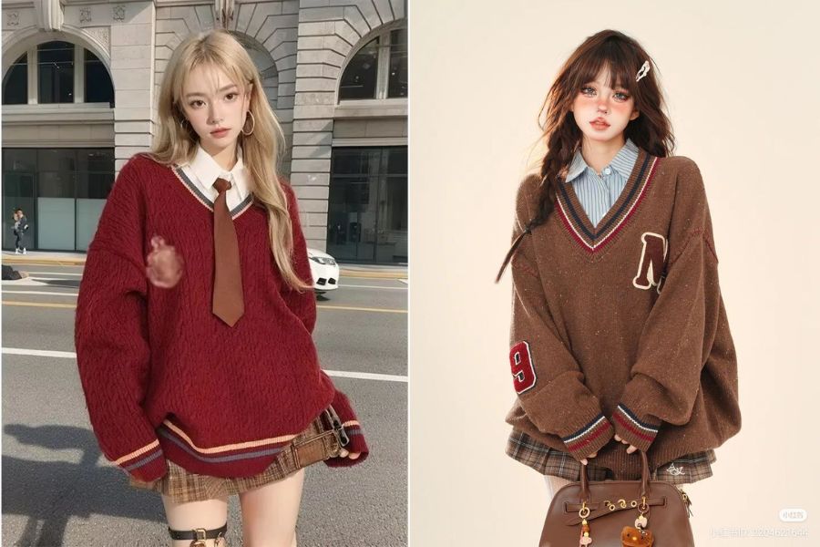 Áo len cổ chữ V phối với cổ sơ mi