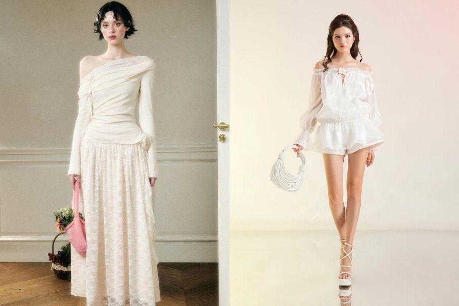 Áo trễ vai phối chân váy voan