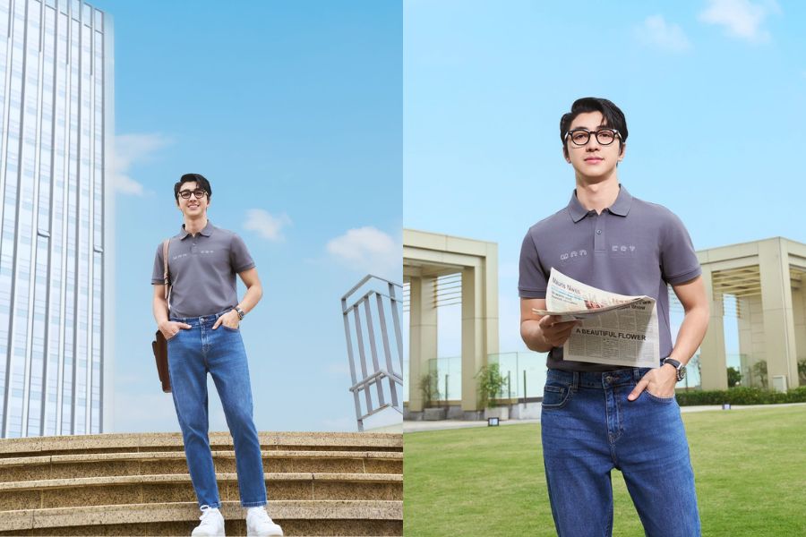 Áo Polo màu pastel mix quần Jean xanh nhạt