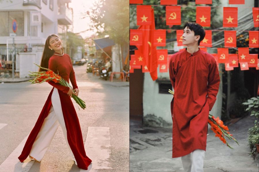 Tạo dáng chụp ảnh áo dài Tết khi di chuyển tự nhiên