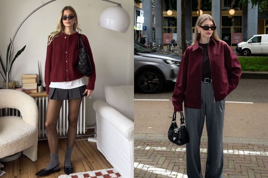 outfit đỏ burgundy