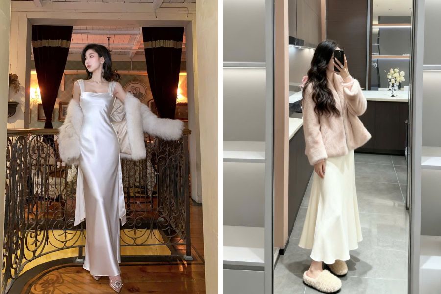 Cách mix váy lụa trắng với áo khoác sang chảnh, tiểu thư