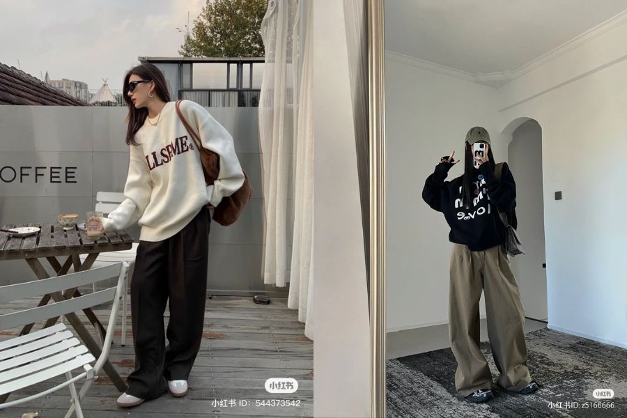 Quần ống rộng mix cùng sweater oversize