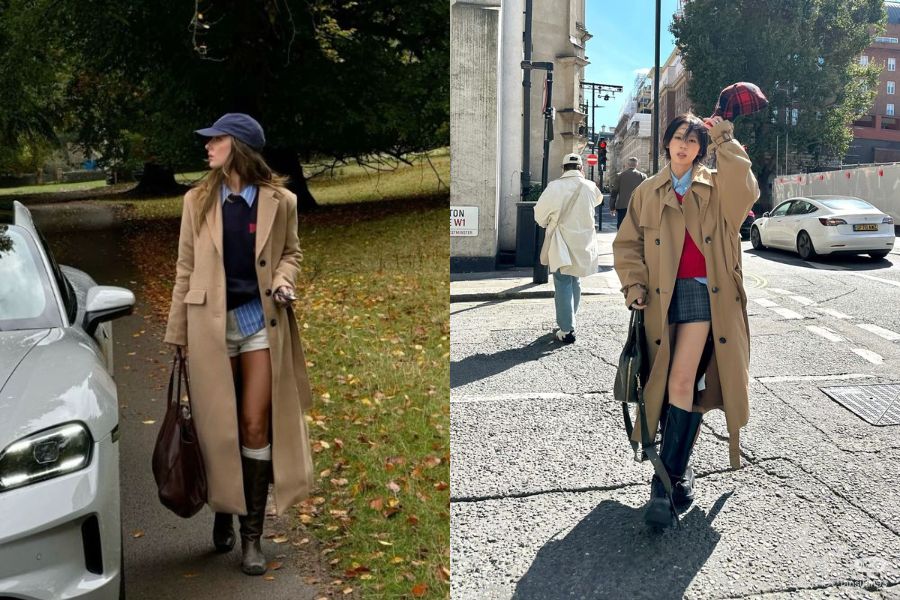 Áo len cổ sơ mi với áo khoác dáng dài