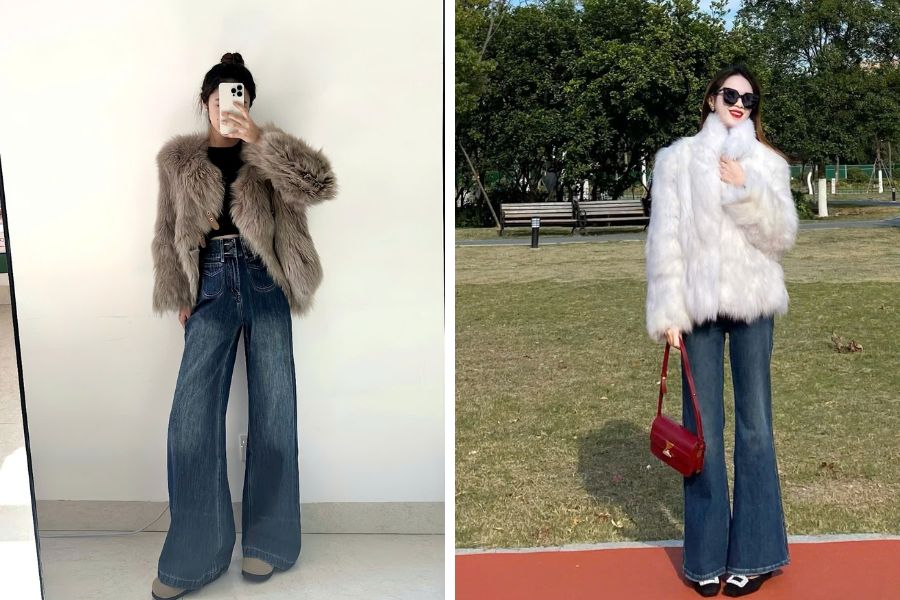 Mix áo lông với quần jeans xanh thẫm mang đến outfit trẻ trung, xinh đẹp