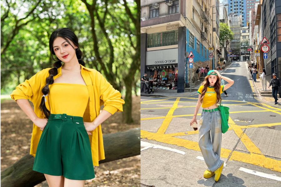 outfit xanh lá phối màu vàng