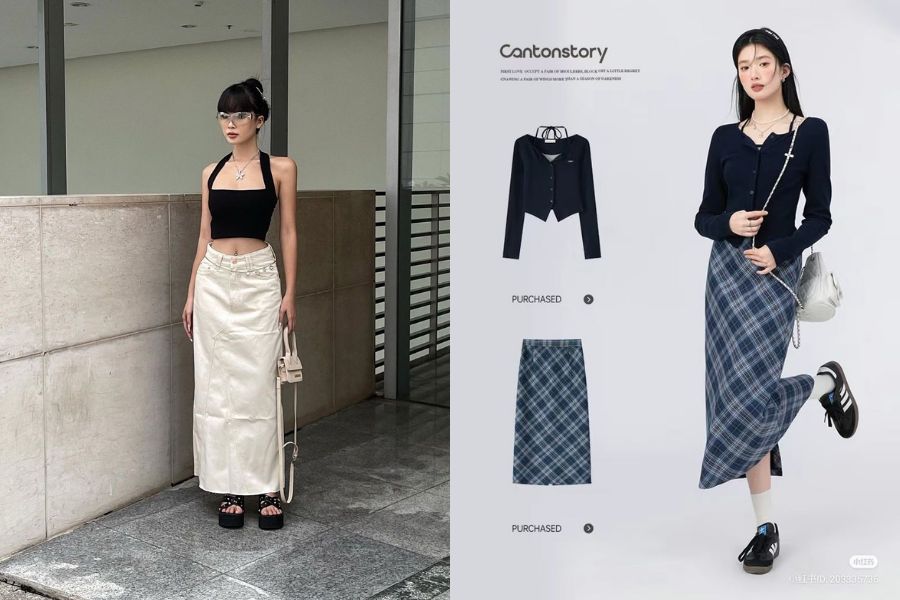 Áo lửng 2 dây phối chân váy dài cạp cao