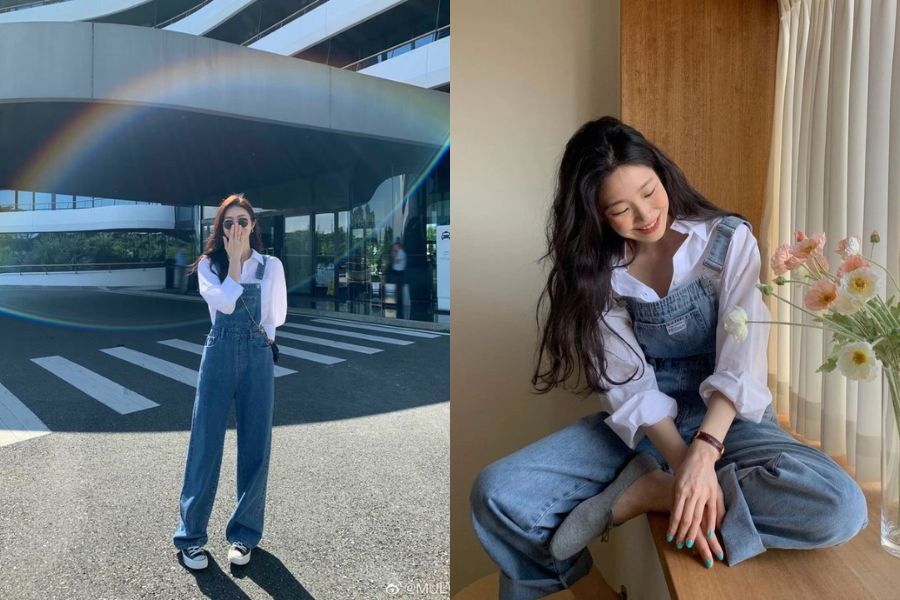 Quần yếm jeans trẻ trung mix với áo sơ mi