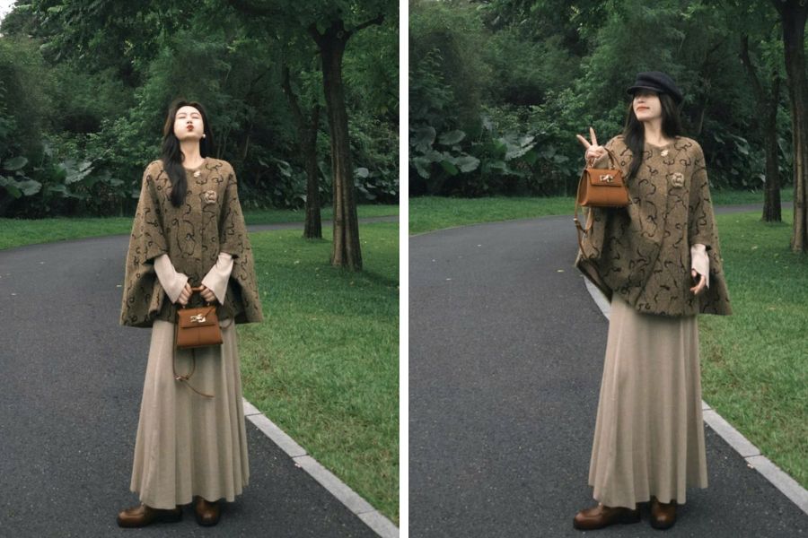 Kết hợp áo choàng và chân váy cùng màu khác tông giống nàng thơ mùa đông