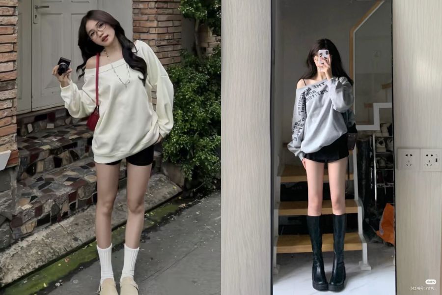 Áo thun dài tay mỏng mix quần short