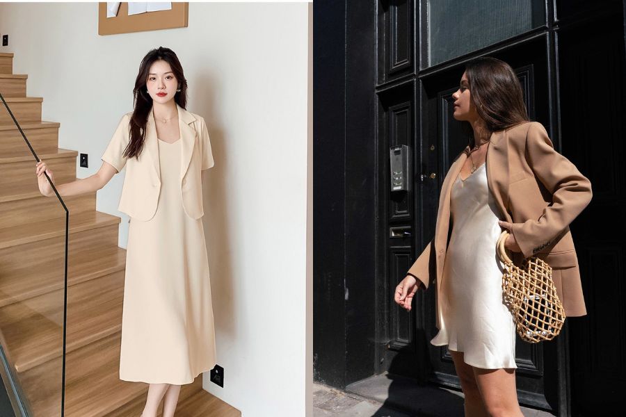 Áo blazer phối đầm hai dây