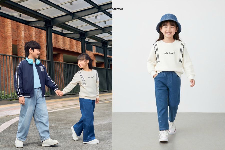 Áo nỉ nhí phối quần jean basic