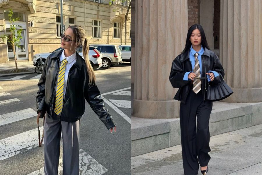 Áo khoác da phối chân váy xoè và cà vạt