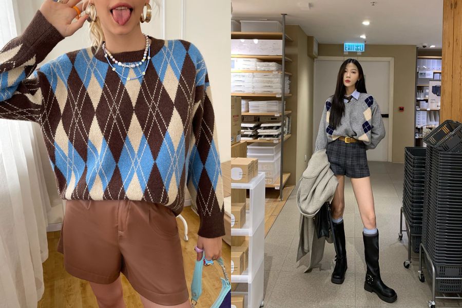 Sweater họa tiết ô kim cương phối quần short và boots