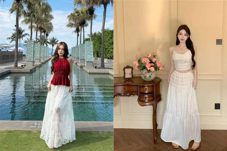 Chân váy ren dài phối áo hai dây