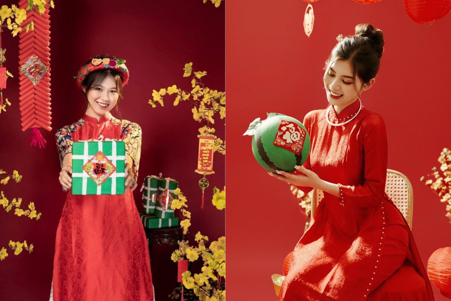 Tạo dáng chụp ảnh áo dài Tết cùng bánh chưng