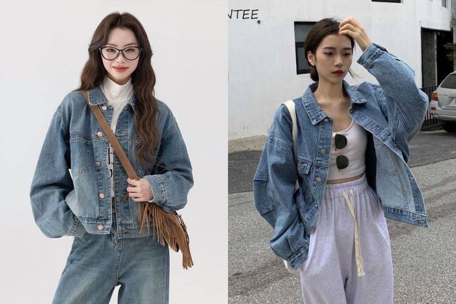 Áo khoác denim lót lông + áo thun + quần nỉ