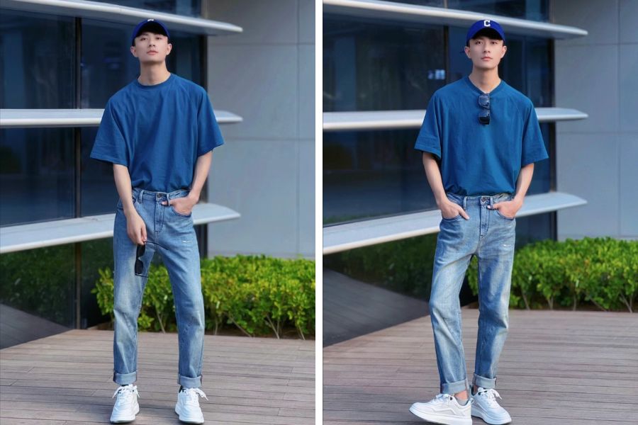 Phối áo thun nam xanh dương với quần jeans regular fit như anh chàng nhà bên