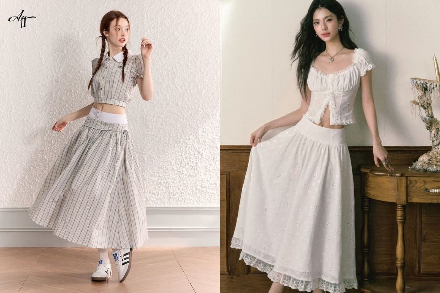 Phối chân váy dài qua gối với áo croptop