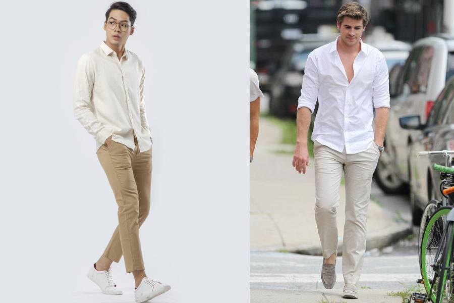 Áo sơ mi trắng kết hợp cùng quần kaki