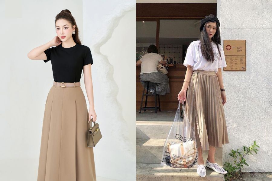 Chân váy xếp ly phối cùng với áo thun          