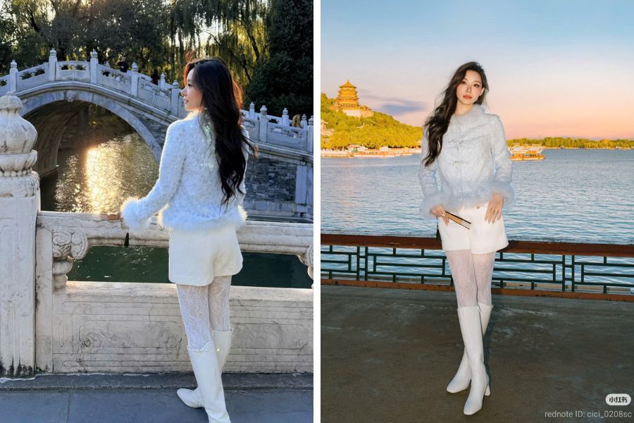 Mix boot với quần tất ren lưới màu trắng sang chảnh