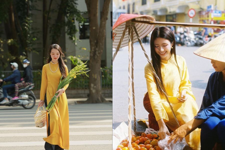 Chụp ảnh áo dài Tết tóc bay trong gió