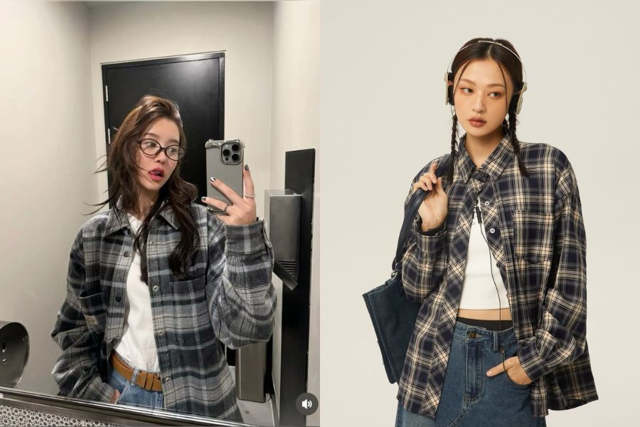 Phối đồ với áo sơ mi caro với áo phông basic 