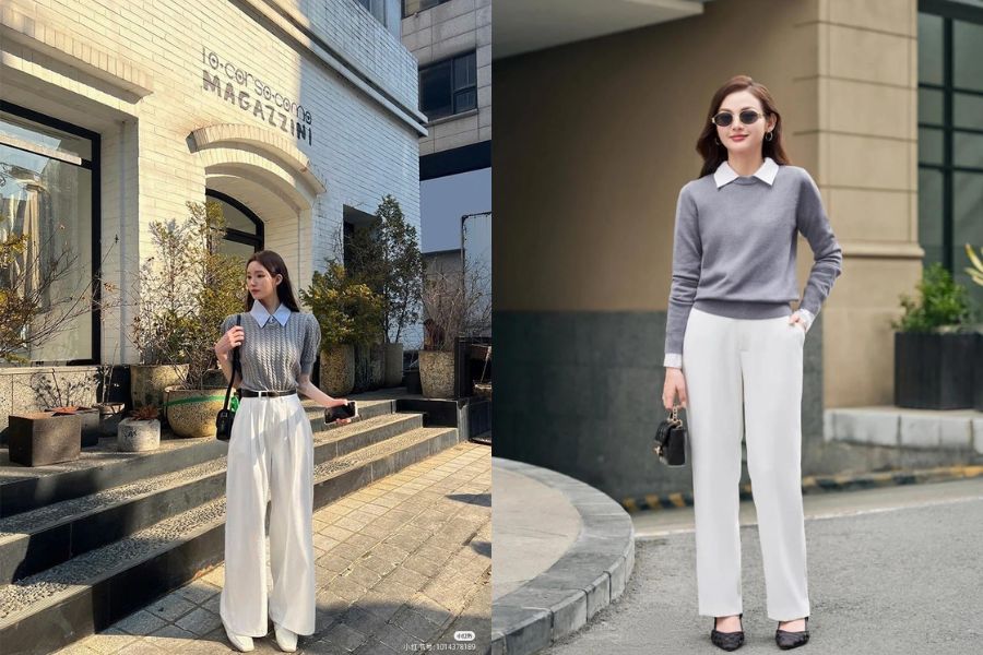 Phối áo len cổ sơ mi với quần trắng