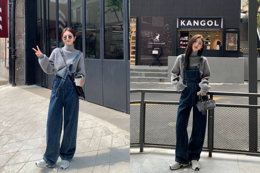 Áo len cổ lọ phối quần yếm jean