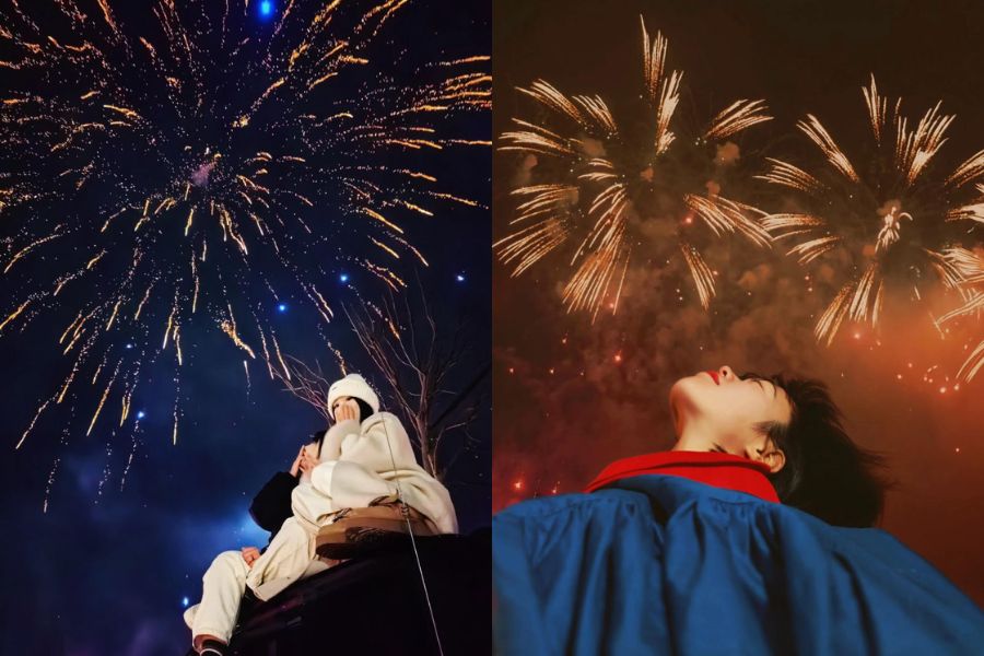 tạo dáng chụp từ dưới lên với pháo hoa đêm giao thừa
