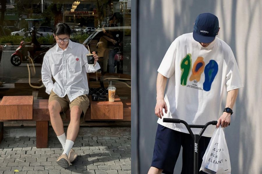 Áo thun oversize, quần short thể thao và mũ lưỡi trai