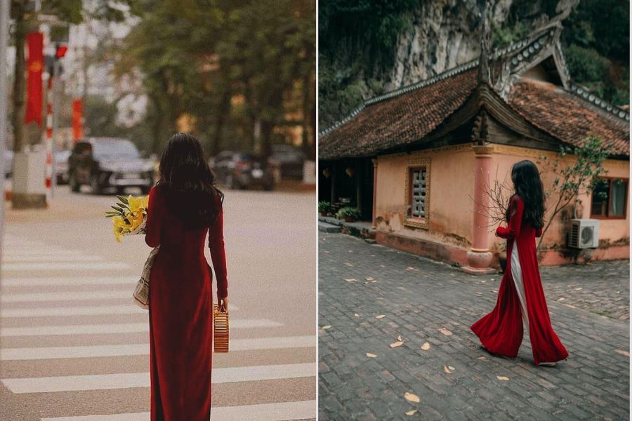 Tạo dáng chụp ảnh áo dài Tết từ phía sau