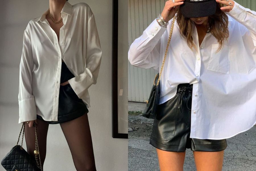 Sơ mi lụa phối cùng quần short da