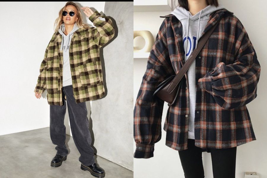 Áo sơ mi caro dáng rộng khoác ngoài áo hoodie 