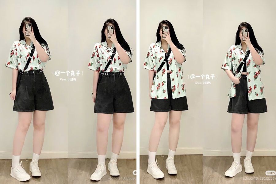 Kết hợp áo sơ mi họa tiết mùa hè với quần short màu tối