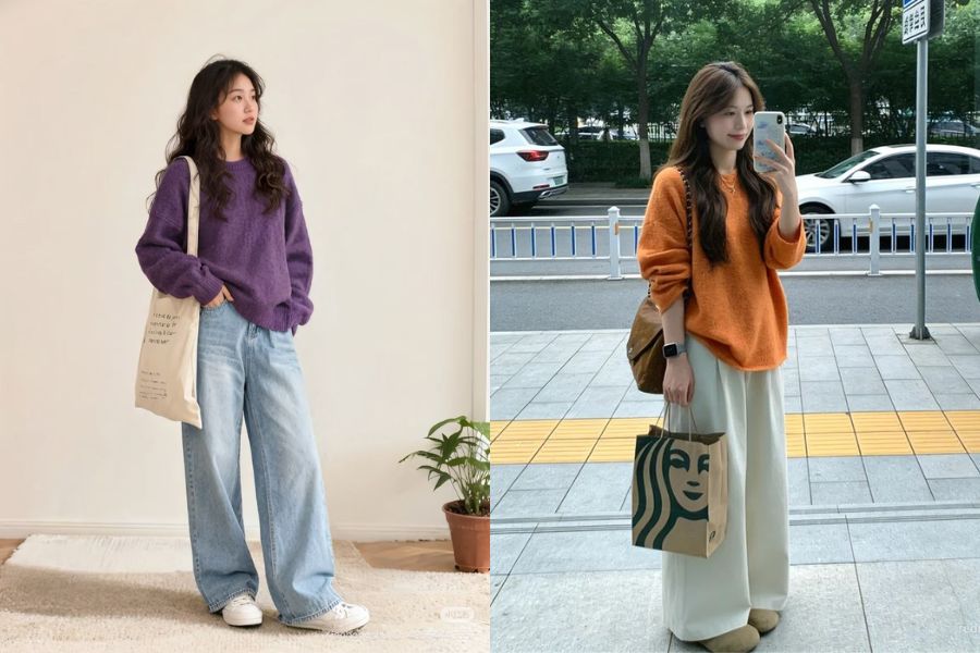 Quần ống rộng kết hợp với áo sweater ấm áp