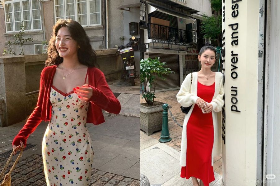 Áo cardigan phối cùng váy hai dây, nhẹ nhàng, quyến rũ
