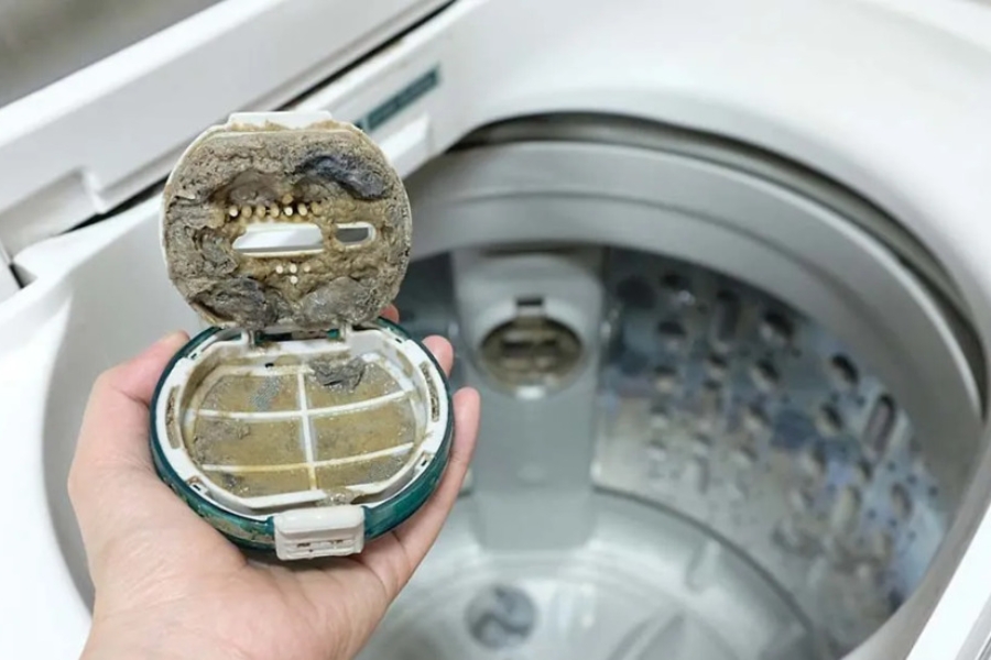 Bộ lọc máy giặt bị hư hỏng hoặc bám cặn sẽ khiến quần áo đen dễ bám bụi