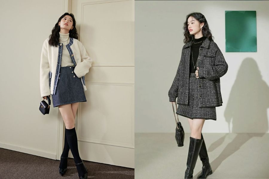 Áo khoác dạ + chân váy dạ tweed
