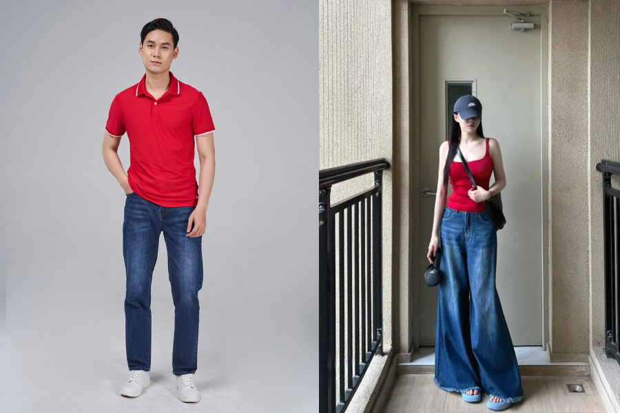 Kết hợp màu đỏ đô với xanh denim