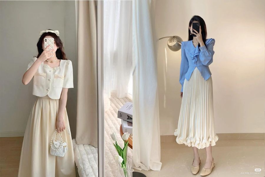 Chân váy xòe dài phối áo kiểu