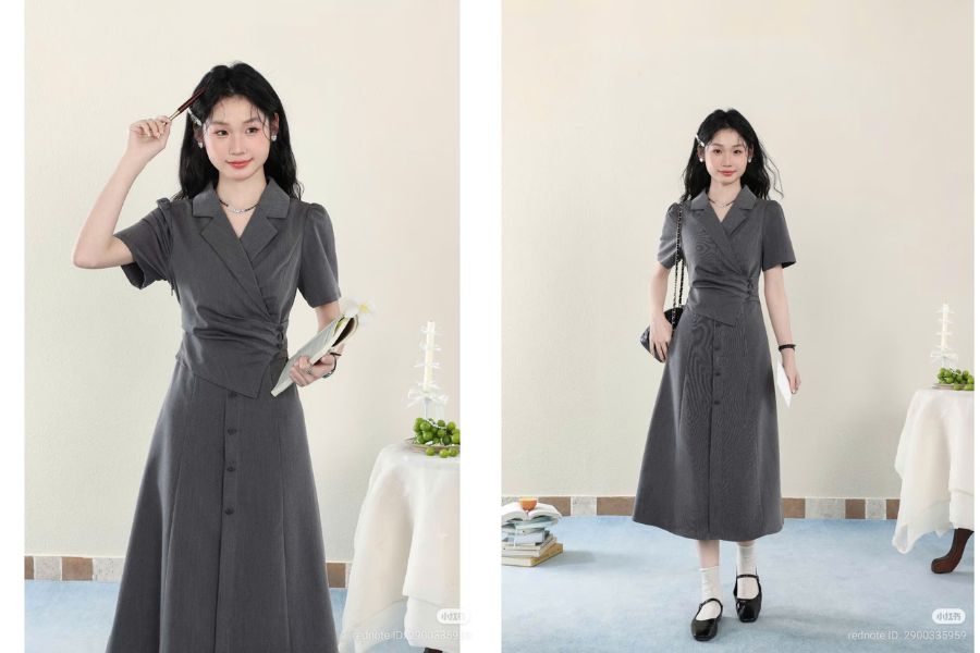 Váy cổ chữ K sang trọng lịch sự chiết eo